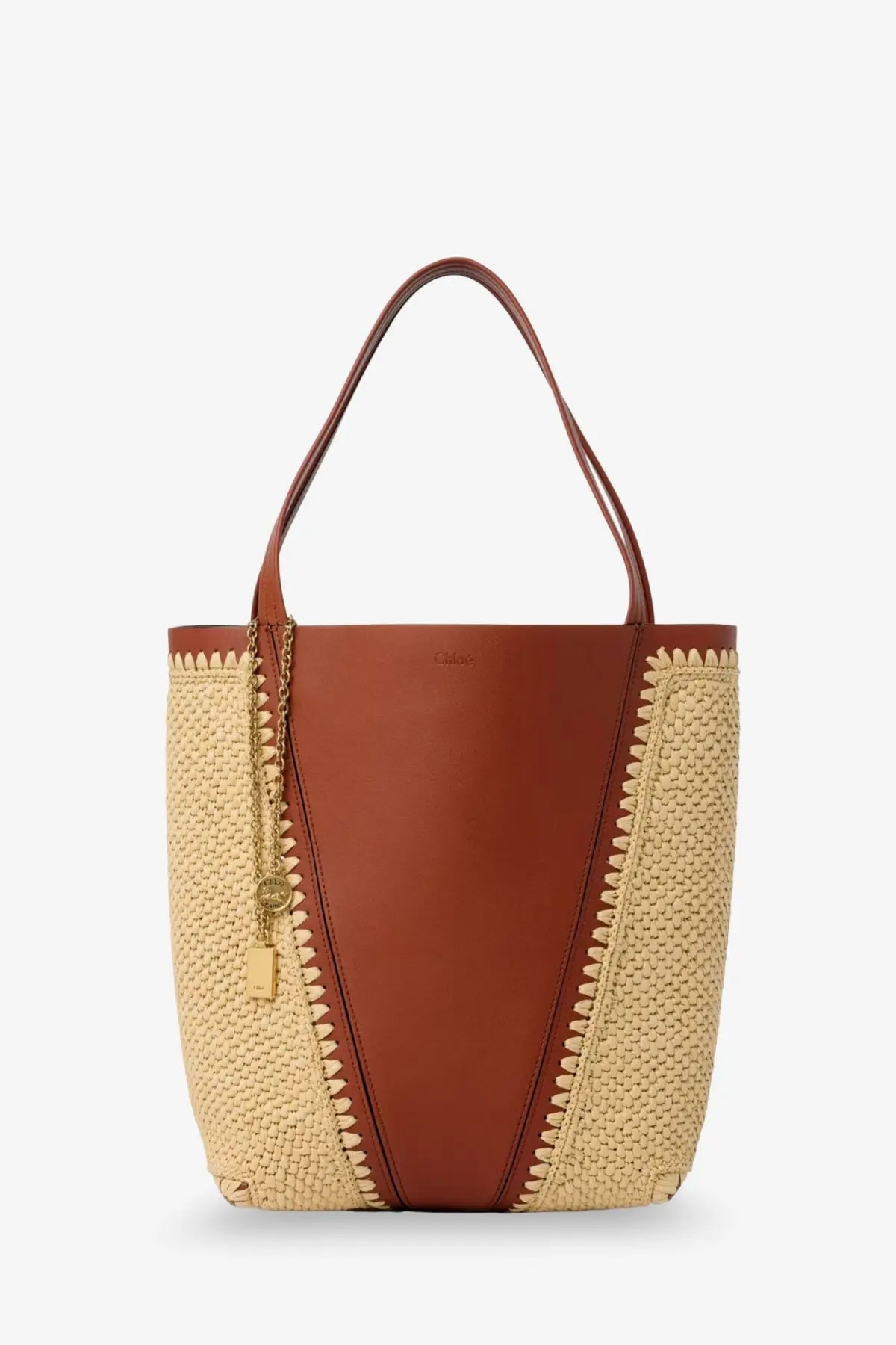 Brown leather and beige woven straw chloé spin shoulder bag with gold-tone chain strap detail