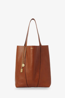 Brown leather chloé spin shoulder bag with gold-tone chain and tag charm for women