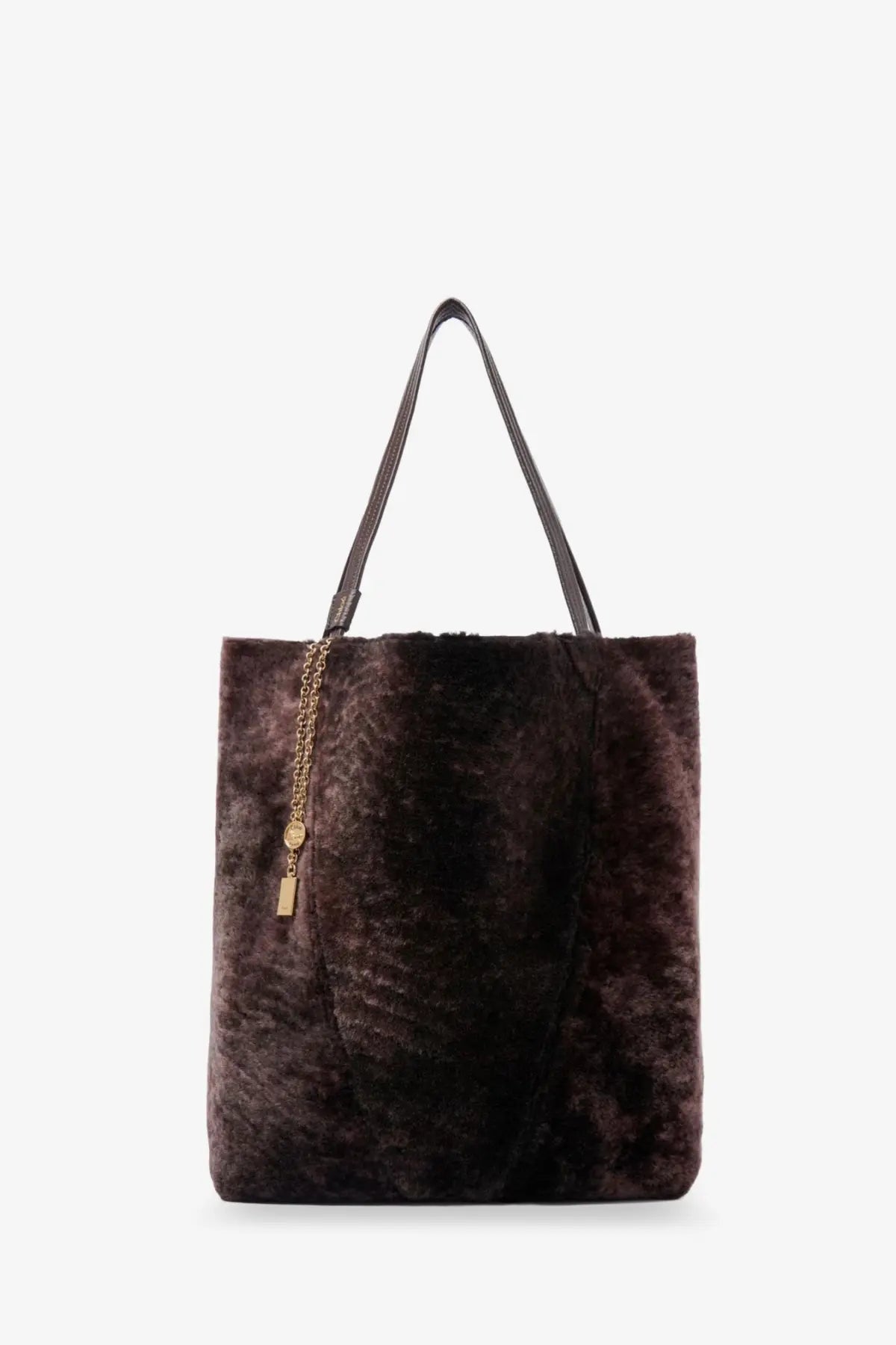 Chloé women’s spin shearling shoulder bag brown dark brown faux fur tote with black leather handles and gold chain zipper pull