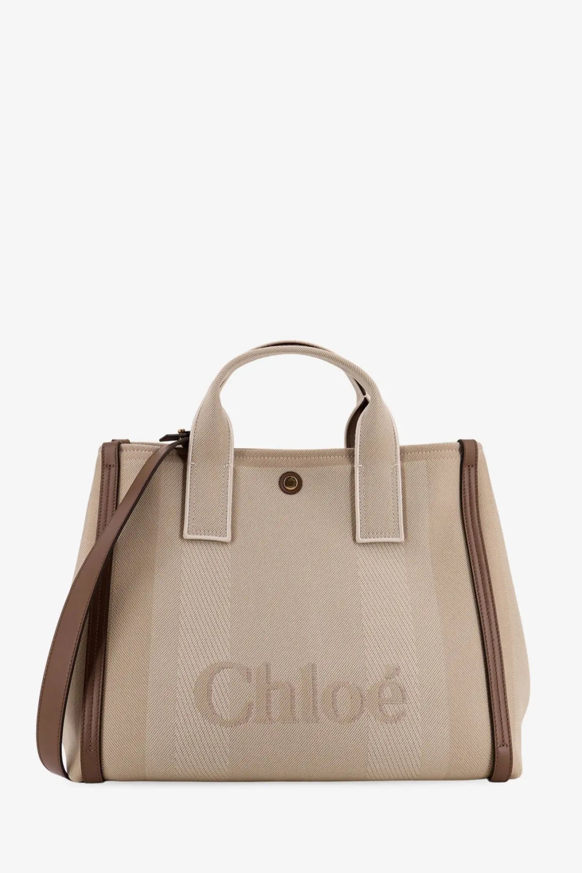 Beige canvas chloé tote bag with brown leather trim and handles featuring subtle embossed logo