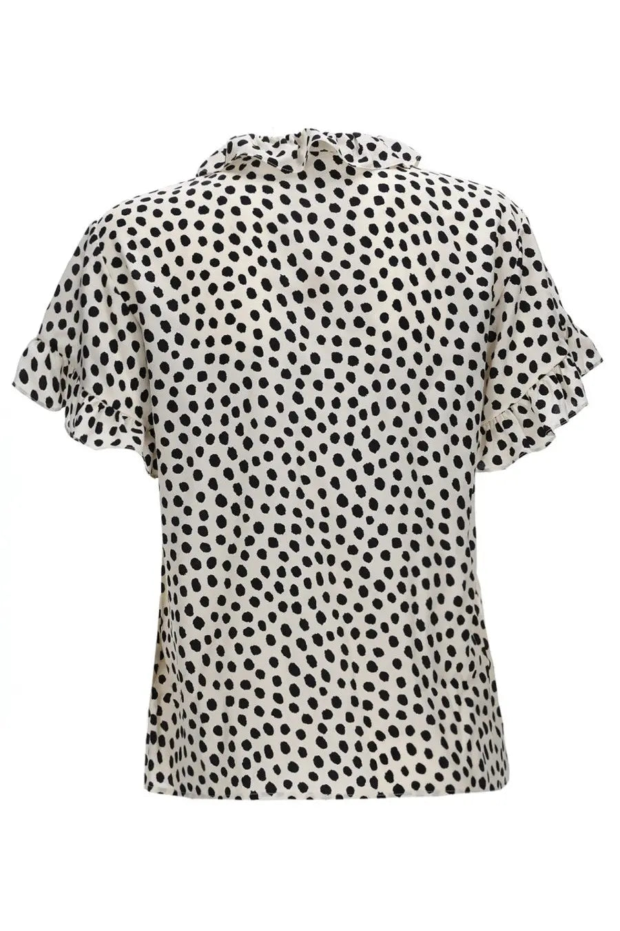 Chloé women’s beige top with white fabric black polka dots and ruffled short sleeves for casual wear