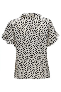 Chloé women’s beige top with white fabric black polka dots and ruffled short sleeves for casual wear