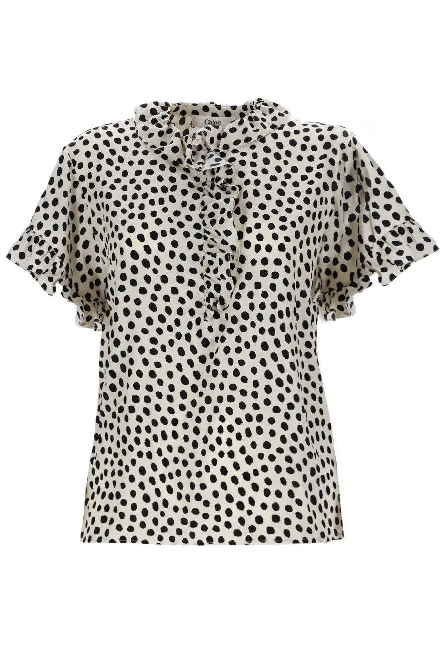 Chloé women’s beige blouse with black and white polka dots ruffled short sleeves and tied neck detail