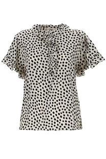 Chloé women’s beige blouse with black and white polka dots ruffled short sleeves and tied neck detail