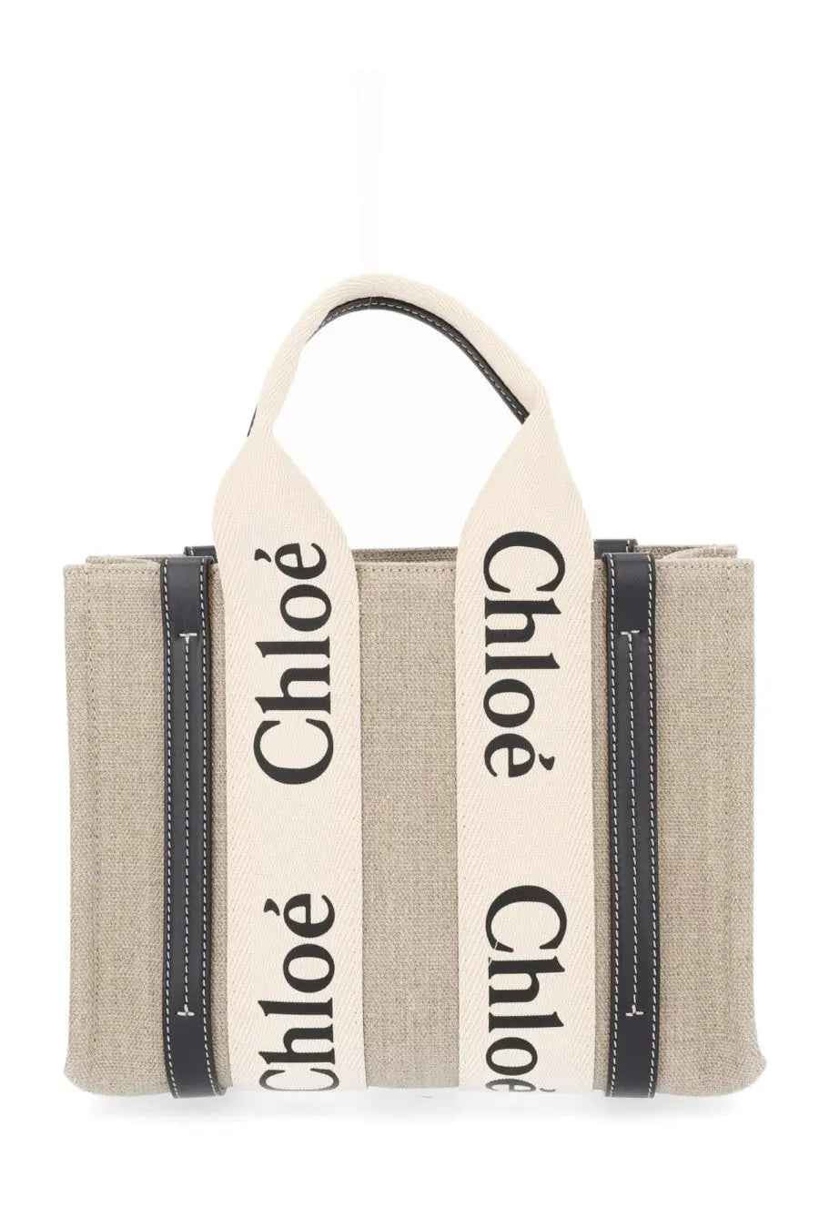 Chloé women’s beige canvas tote bag with black leather trim cream handles and bold chloé lettering