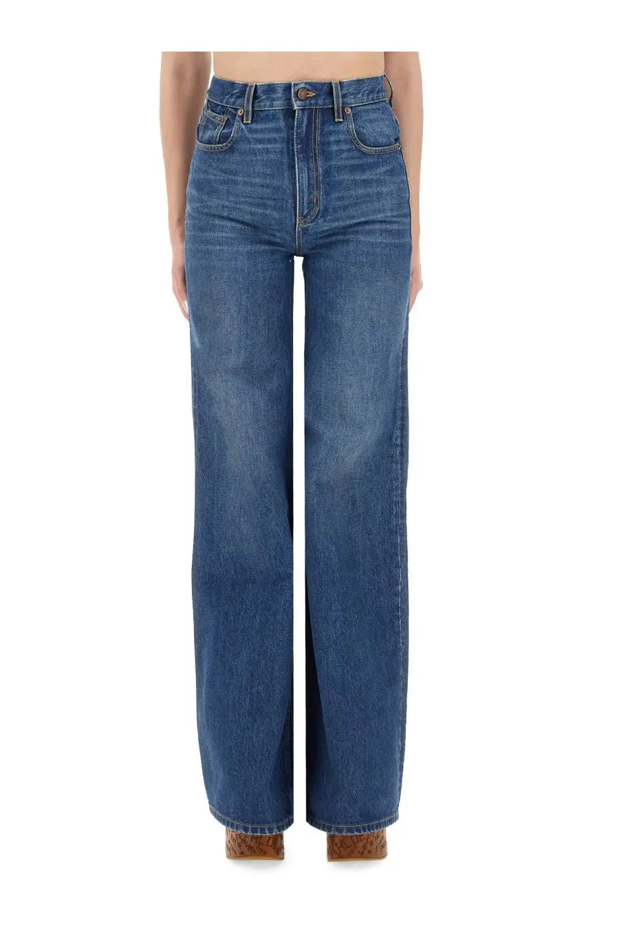 Chloé women’s blue high-waisted denim jeans with a straight-leg cut and classic five-pocket design
