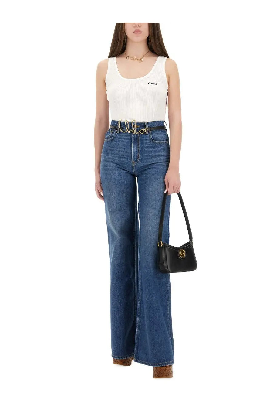 White ribbed chloé tank top with subtle logo worn with blue wide leg jeans for women