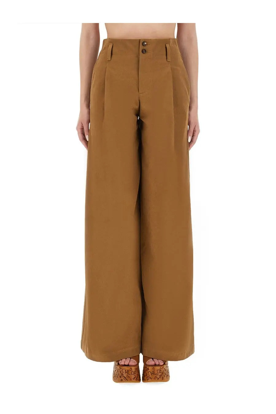 Chloé women’s brown wide-leg pants with high waist and two front buttons for a stylish look