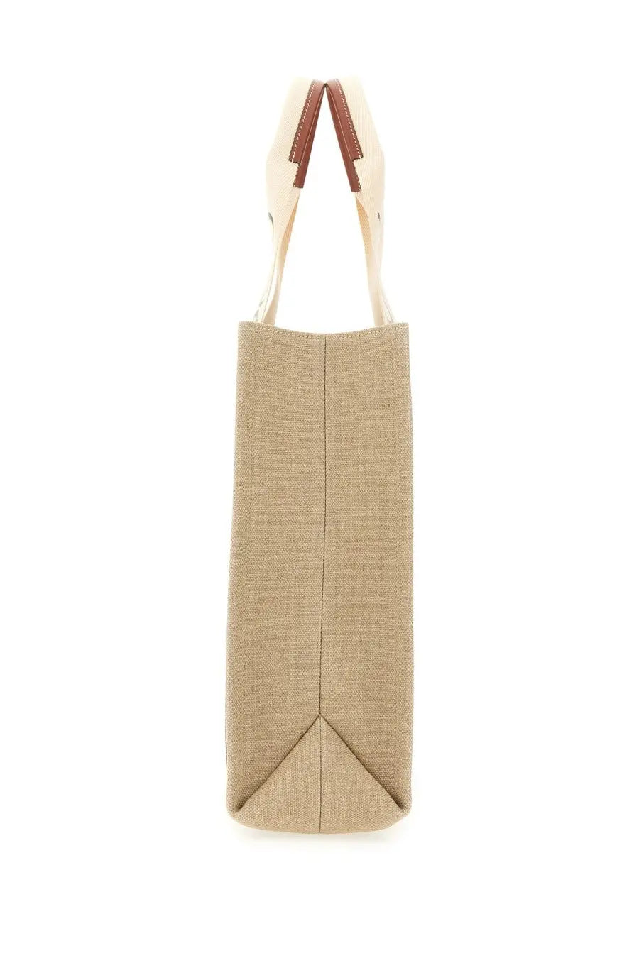 Beige canvas chloé women’s woody tote bag with contrasting brown leather handles for stylish everyday use