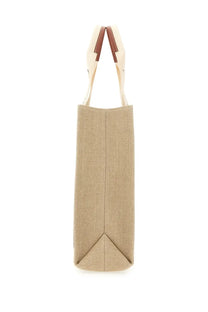 Beige canvas chloé women’s woody tote bag with contrasting brown leather handles for stylish everyday use
