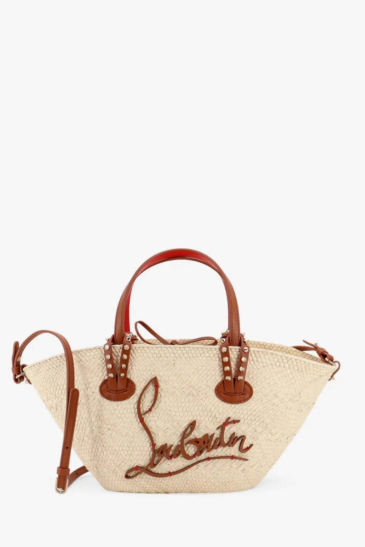 Christian louboutin women’s cabata raffia handbag white beige straw tote with brown leather handles and red stitched logo