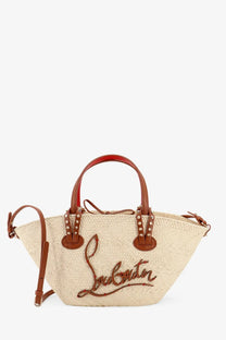 Christian louboutin women’s cabata raffia handbag white beige straw tote with brown leather handles and red stitched logo
