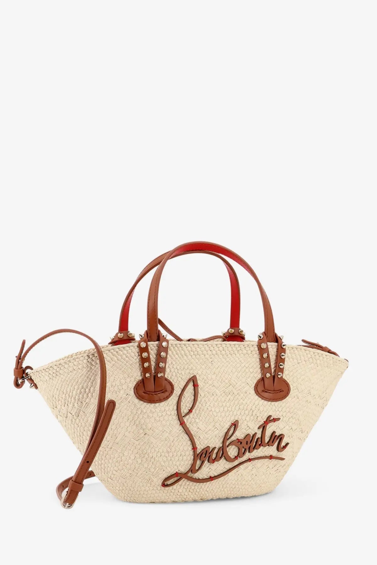 Christian Louboutin women’s cabata raffia handbag beige straw tote with brown leather handles and stitched logo trim