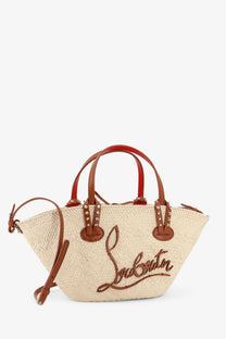 Christian Louboutin women’s cabata raffia handbag beige straw tote with brown leather handles and stitched logo trim