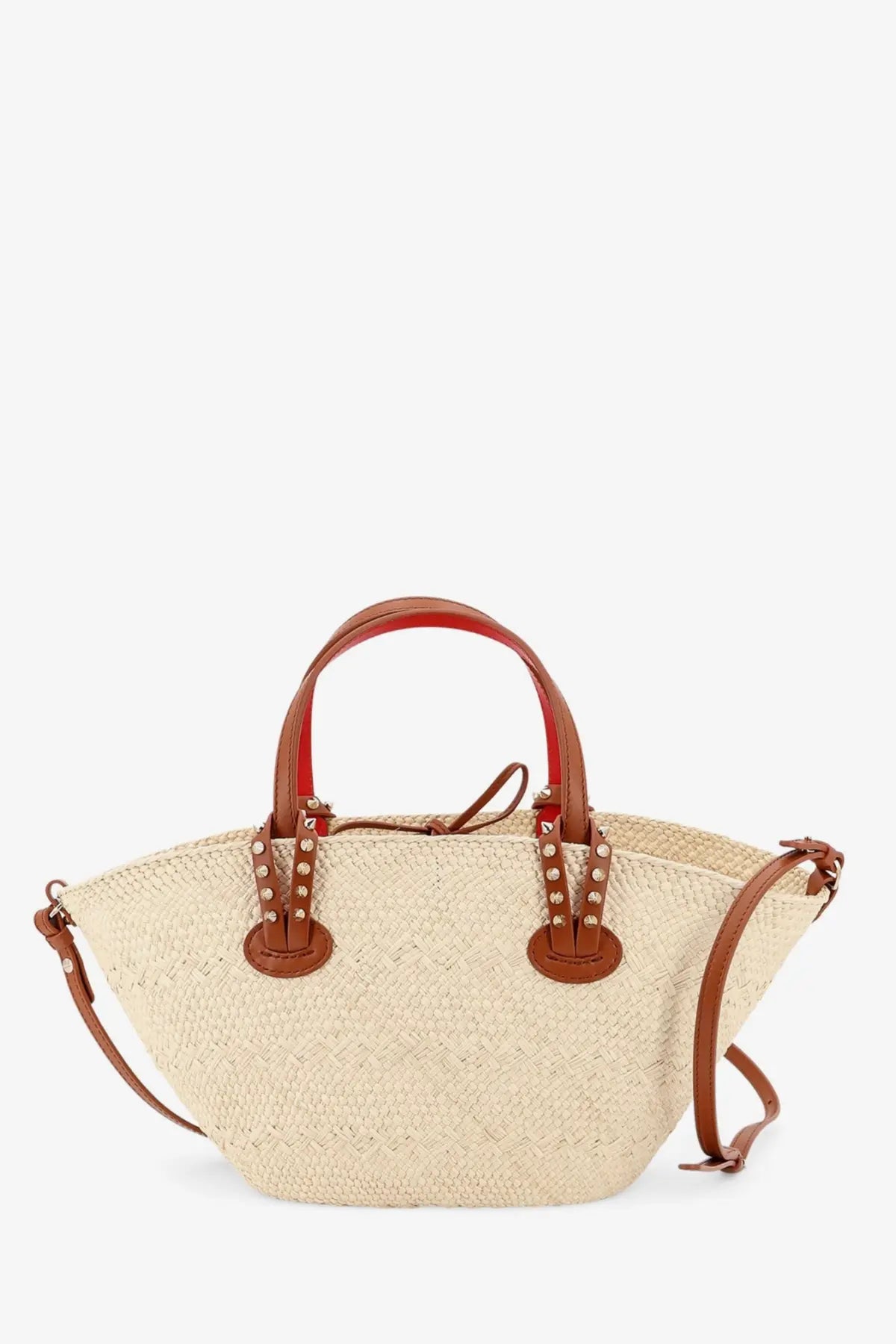 Christian Louboutin beige woven straw tote bag with brown leather handles and silver stud accents white raffia handbag