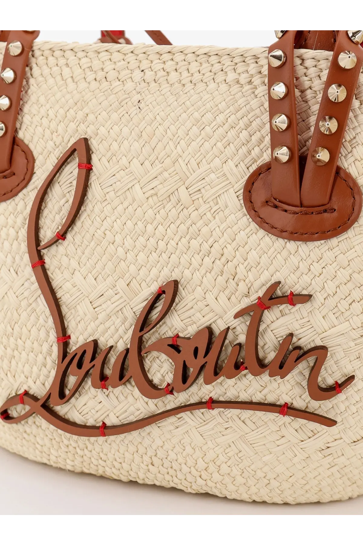 Christian Louboutin women cabata raffia handbag beige woven straw with brown leather handles silver stud accents