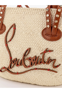 Christian Louboutin women cabata raffia handbag beige woven straw with brown leather handles silver stud accents