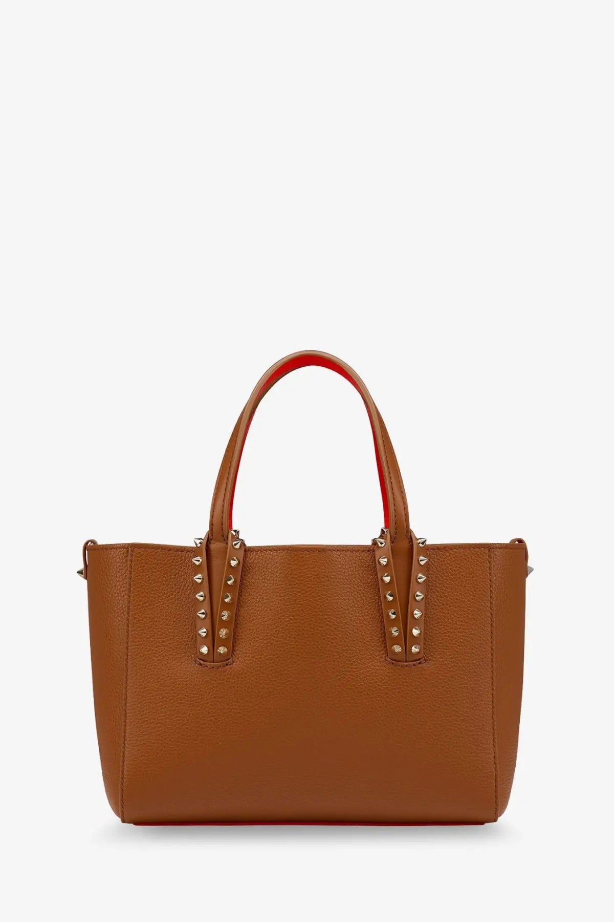 Christian louboutin cabata studded tan leather tote bag with gold-tone studs and red interior lining