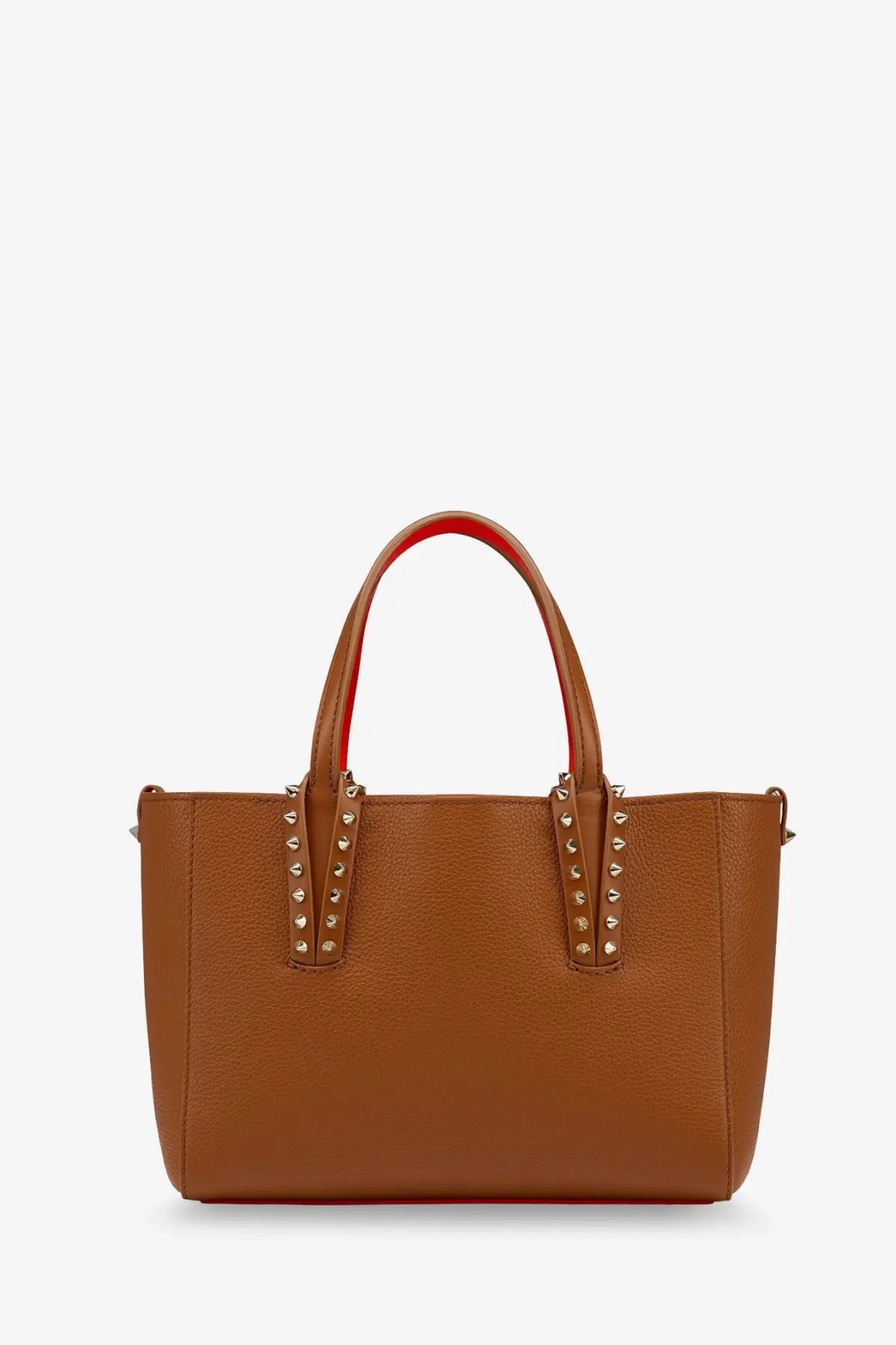 Christian Louboutin women’s beige pebbled leather tote bag with gold-tone studs and red interior lining