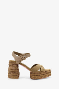 Christian louboutin women’s beige suede platform sandals with braided rope heel and sole in bronze tone