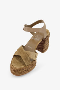 Christian Louboutin women’s Calakala tan suede espadrille wedge sandal with braided jute heel and branded insole