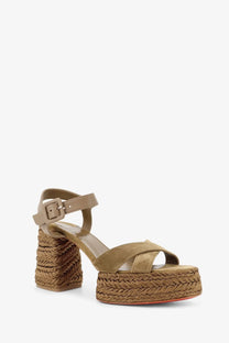 Christian Louboutin women’s calakala leather sandals in bronze tan suede with braided jute espadrille platform heel