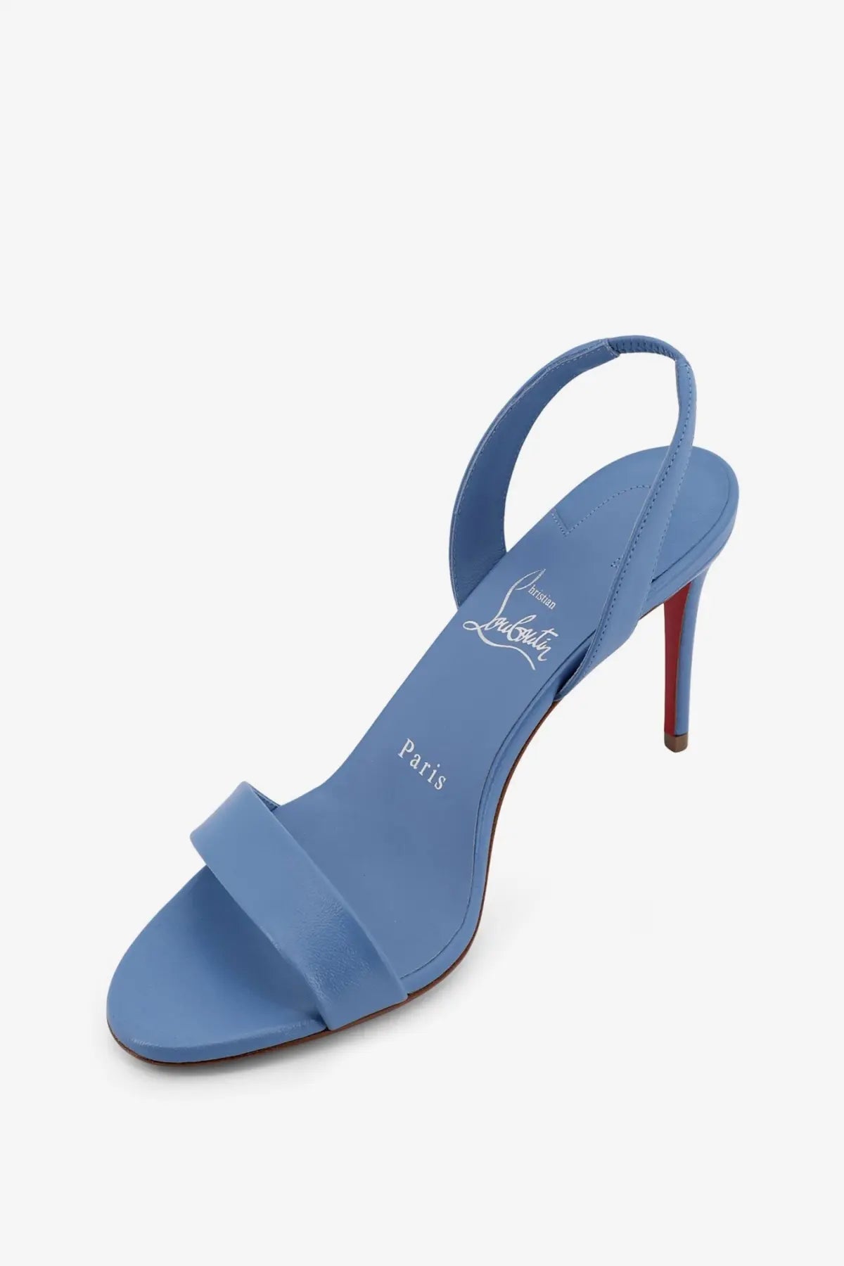 Christian louboutin women’s marylin leather sandals in sleek blue satin with a red heel and signature logo insole