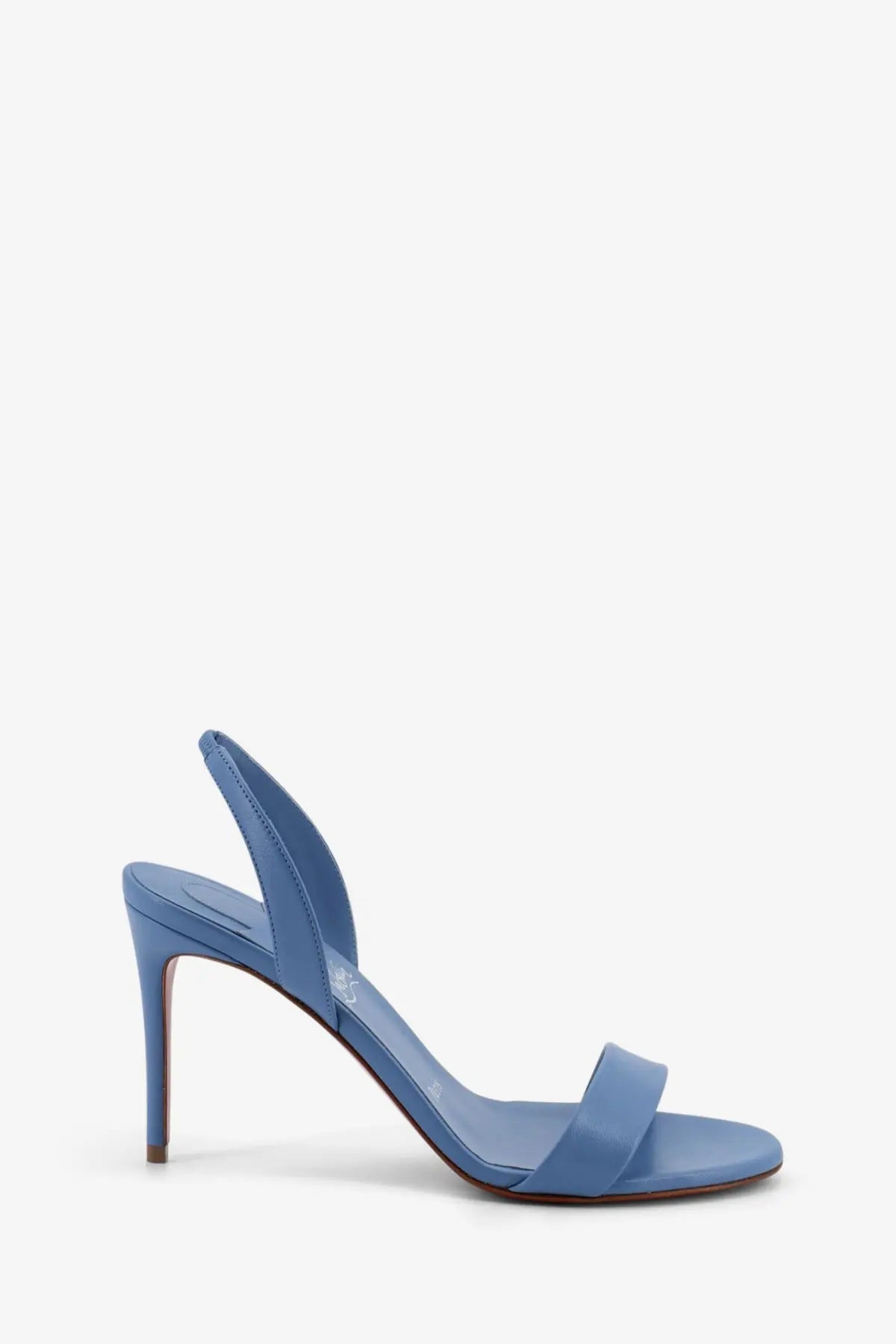 Christian louboutin women’s marylin blue satin slingback leather sandals with slender heel visible from the back