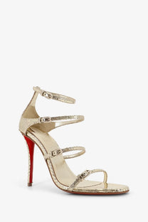 Christian Louboutin women’s Millenium gold snake-print python leather strappy high heel sandal with red sole