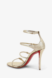 Christian Louboutin women’s millenium python leather sandal gold with gold snake print and signature red sole