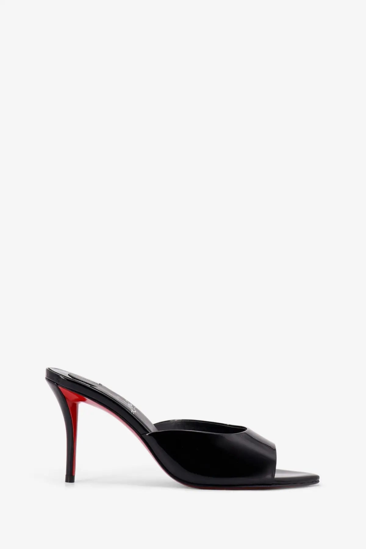 Christian louboutin women’s miss mule patent leather black sandal with signature red sole angled view