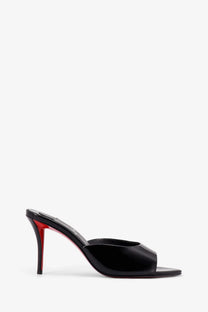 Christian louboutin women’s miss mule patent leather black sandal with signature red sole angled view