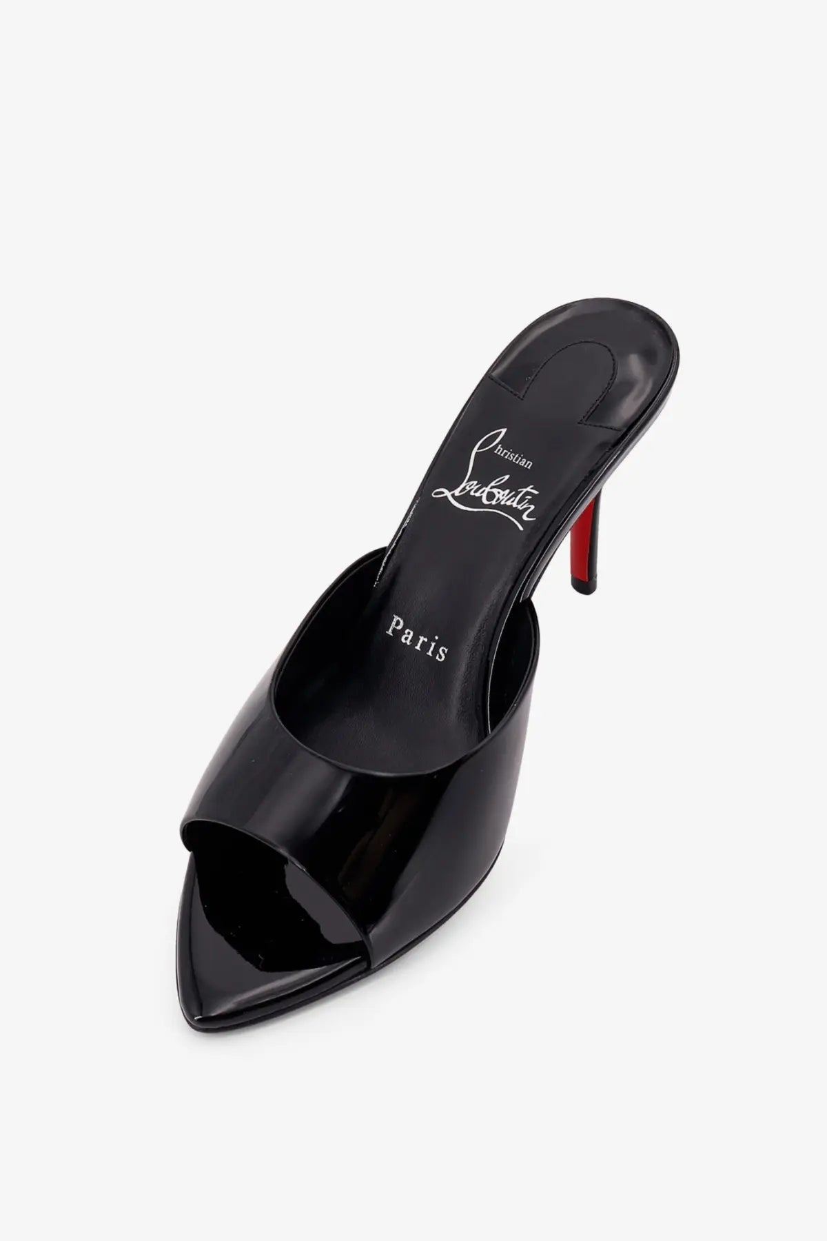 Christian Louboutin women’s Miss Mule black patent leather sandals showing the signature red sole from the back side
