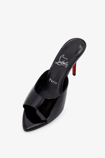 Christian Louboutin women’s Miss Mule black patent leather sandals showing the signature red sole from the back side
