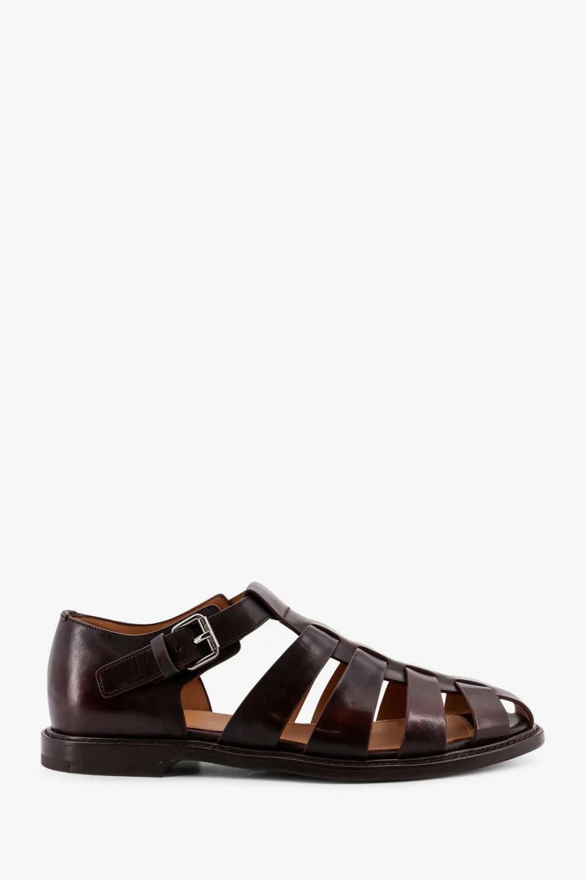Churchs men’s dark brown leather fisherman sandals with classic strappy design and silver buckle closure