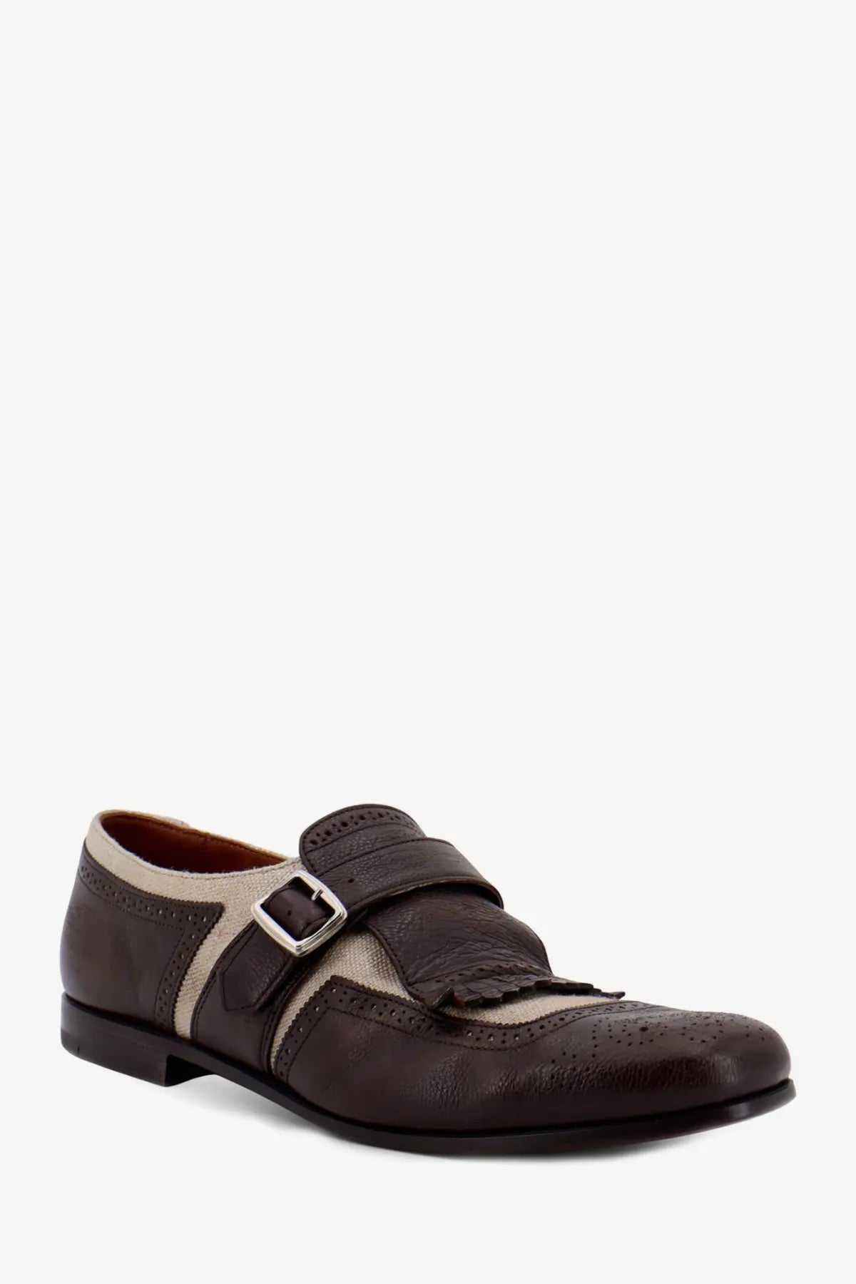 Churchs men’s Shangai flex loafers white in brown leather brogue with beige panel and silver buckle detail