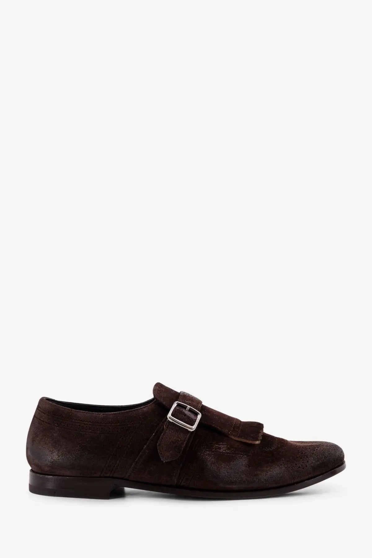 Churchs men’s Shanghai laser dark brown suede monk strap shoe with silver toned buckle and leather sole