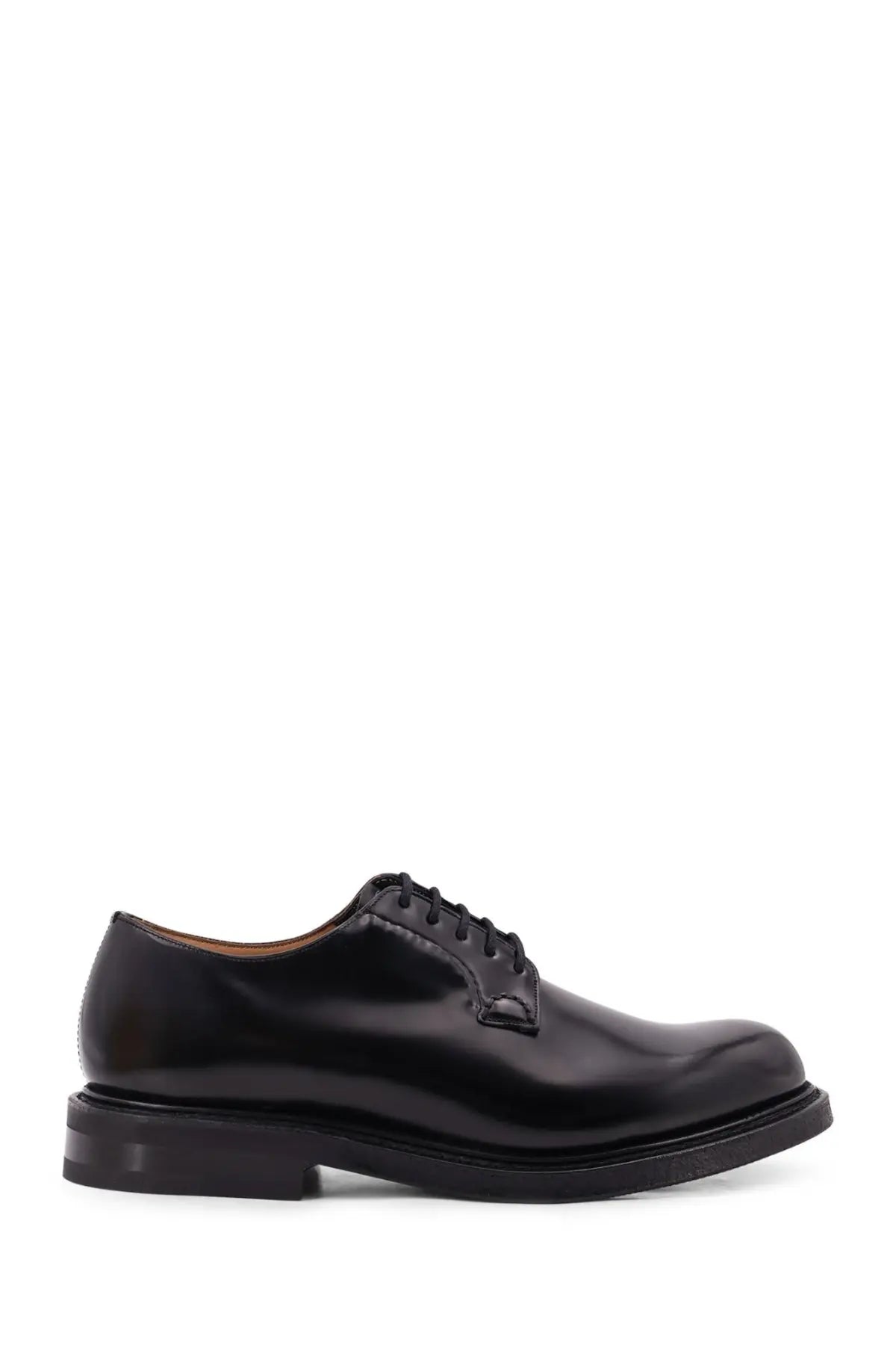 Churchs men’s shannon leather lace derby shoe in black patent leather with polished finish and classic lace-up design