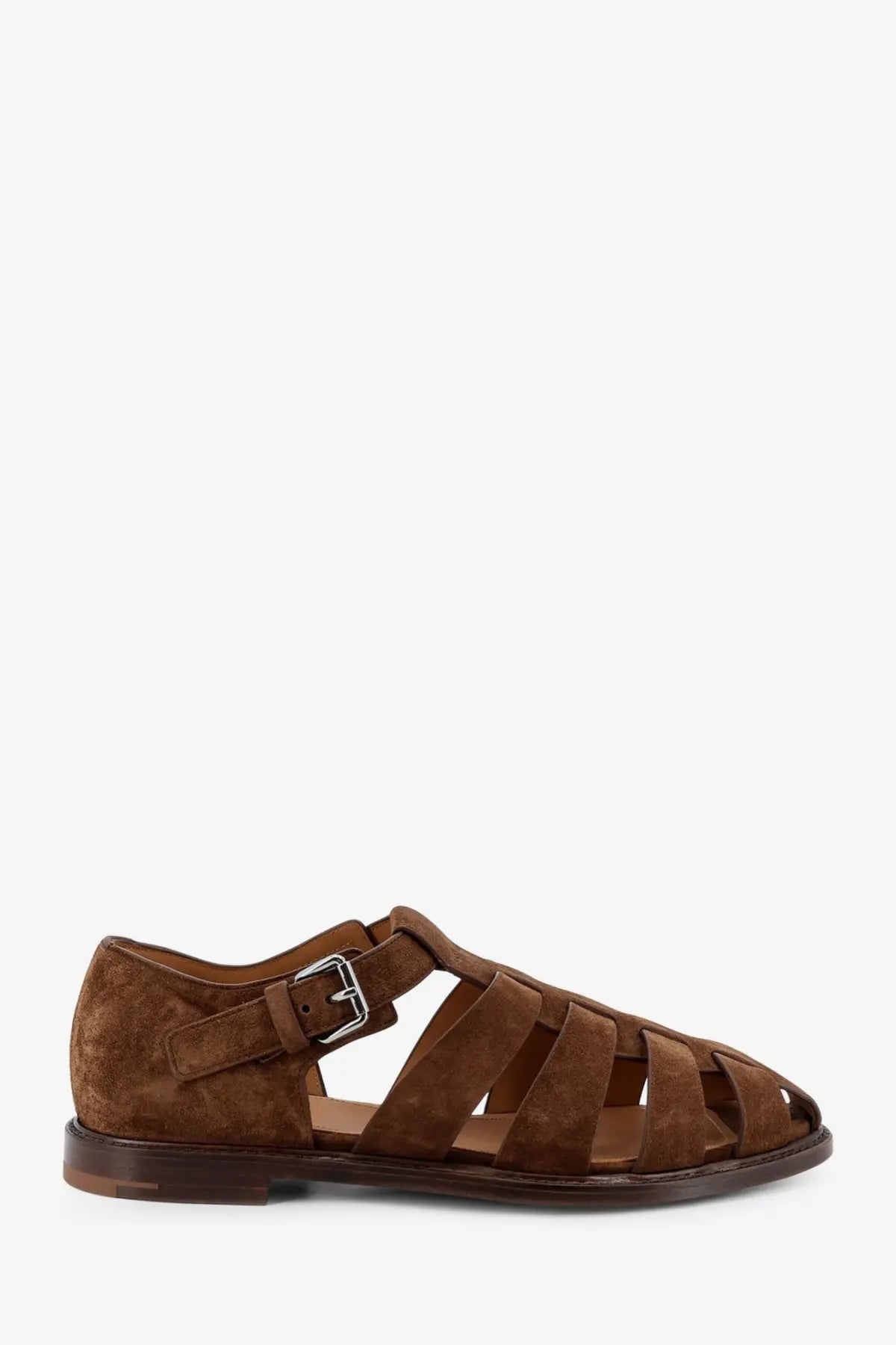 Churchs men’s suede fisherman sandal in brown with crisscross straps and silver buckle for casual wear