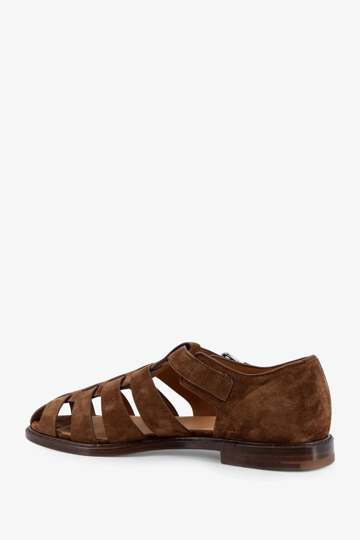 Churchs men’s orange suede fisherman sandals with brown t-strap design and low chunky heel front view