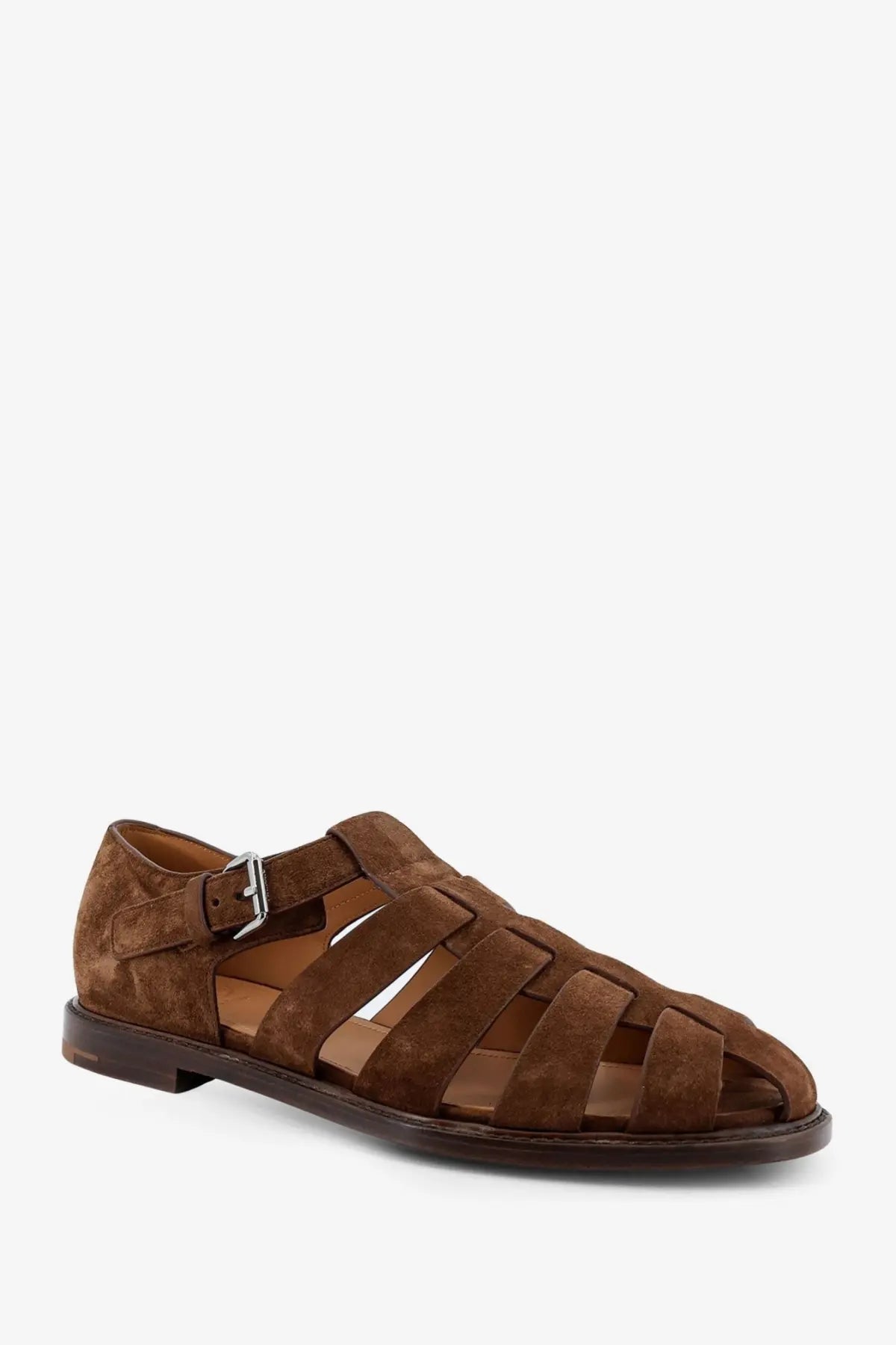 Churchs men’s orange suede fisherman sandals with brown woven strap design and silver buckle detail