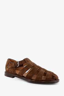 Churchs men’s orange suede fisherman sandals with brown woven strap design and silver buckle detail