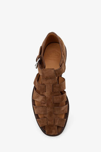 Churchs men’s suede fisherman sandals in orange brown with woven strap design and silver buckle closure
