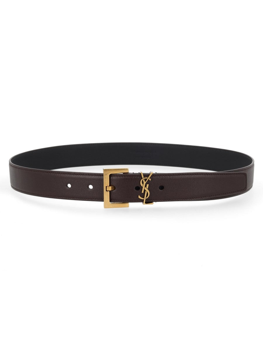 Saint Laurent Women's Cassandre Belt with Buckle Quadrata Brown