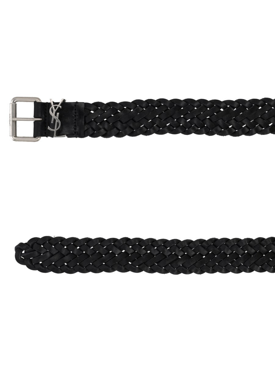Saint Laurent Men's Leather Woven Cassandre Belt Black, view 2