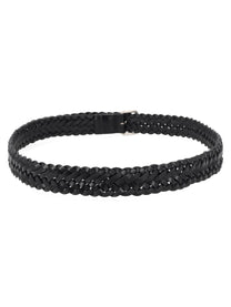 Saint Laurent Men's Leather Woven Cassandre Belt Black, view 3