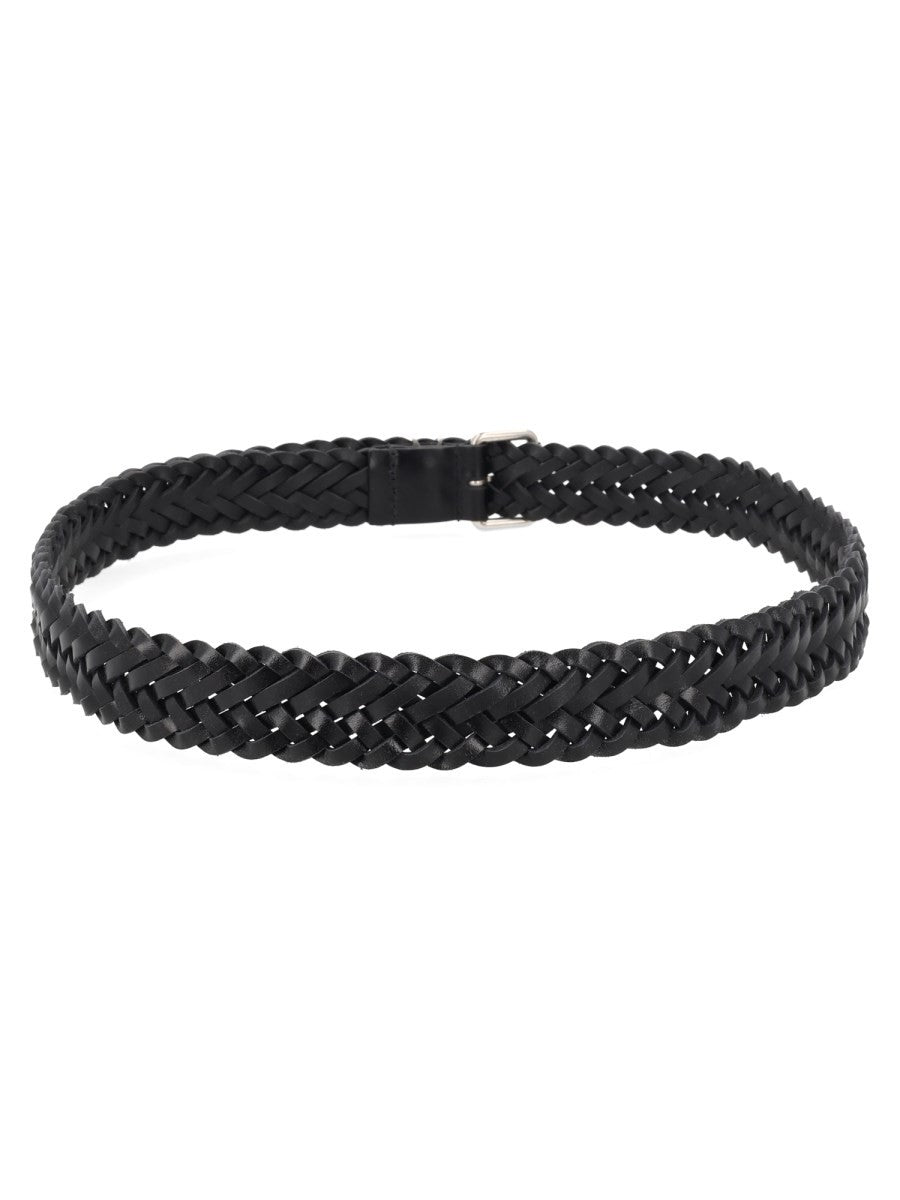 Saint Laurent Men's Leather Woven Cassandre Belt Black, view 3