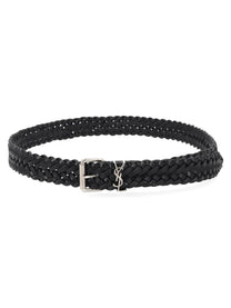 Saint Laurent Men's Leather Woven Cassandre Belt Black