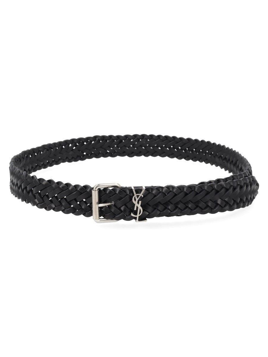 Saint Laurent Men's Leather Woven Cassandre Belt Black