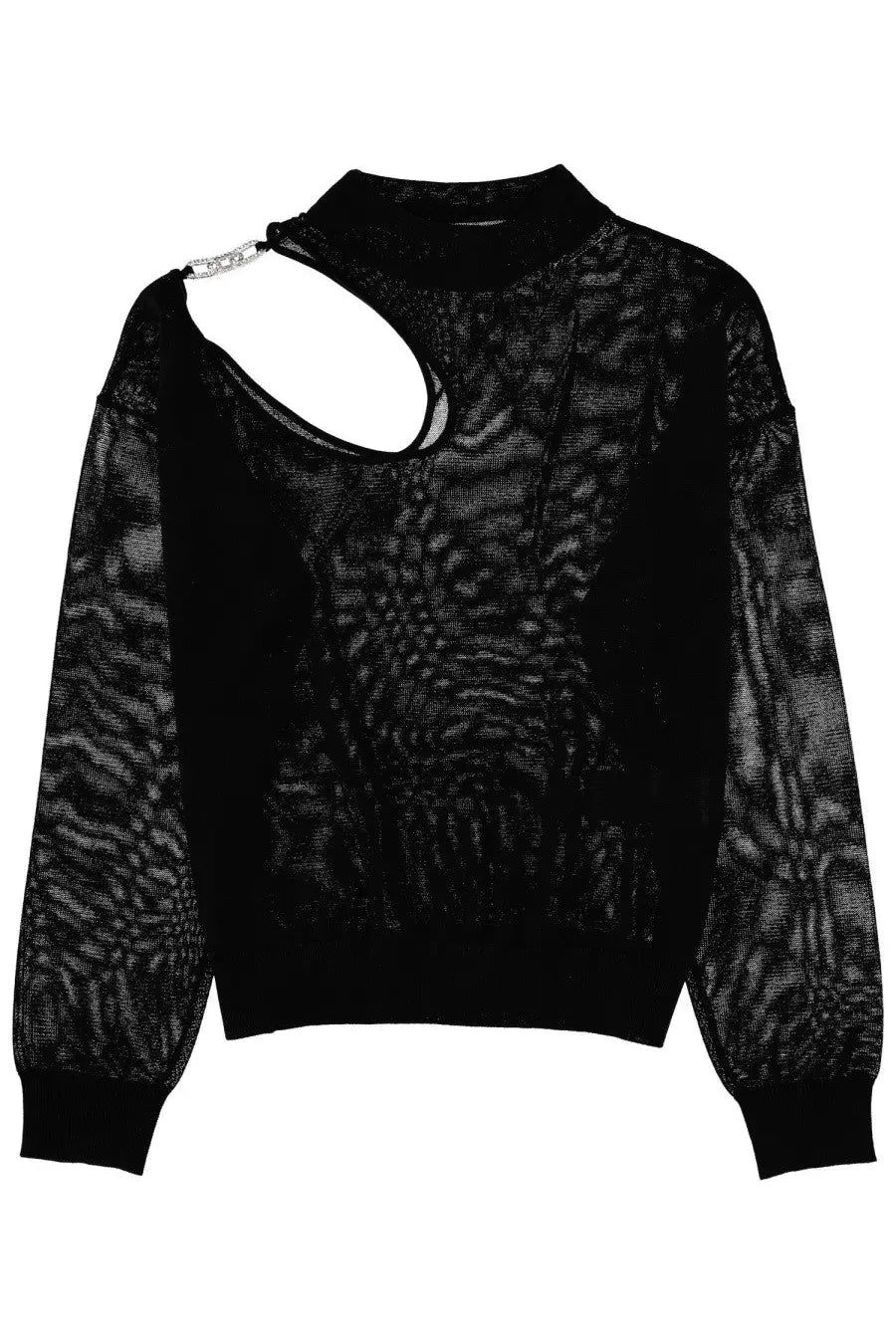 Circus Hotel women’s black jersey knit sweater with textured fabric cut-out shoulder and silver chain detail